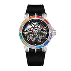 JEMSDUN JSD607 Live Edition Men's Rainbow Baguette Bezel Dual Tourbillon Style Skeleton Quartz Watch - 45mm Silver Case Convex Crystal Silicone Strap Wristwatch
