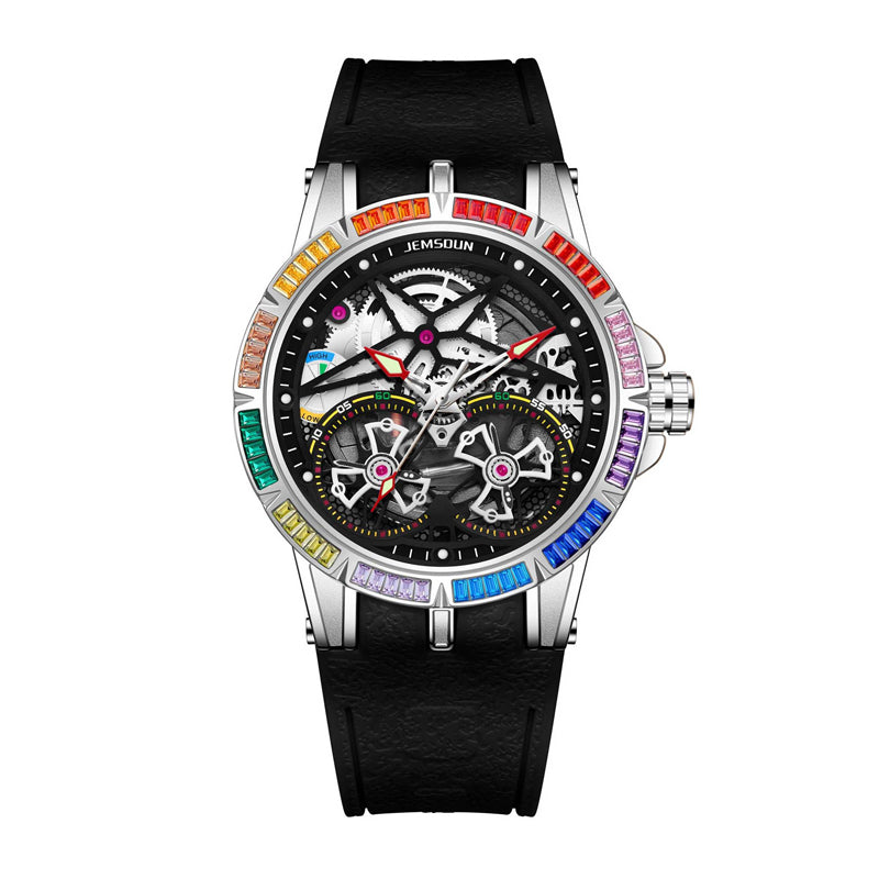 JEMSDUN JSD607 Live Edition Men's Rainbow Baguette Bezel Dual Tourbillon Style Skeleton Quartz Watch - 45mm Silver Case Convex Crystal Silicone Strap Wristwatch