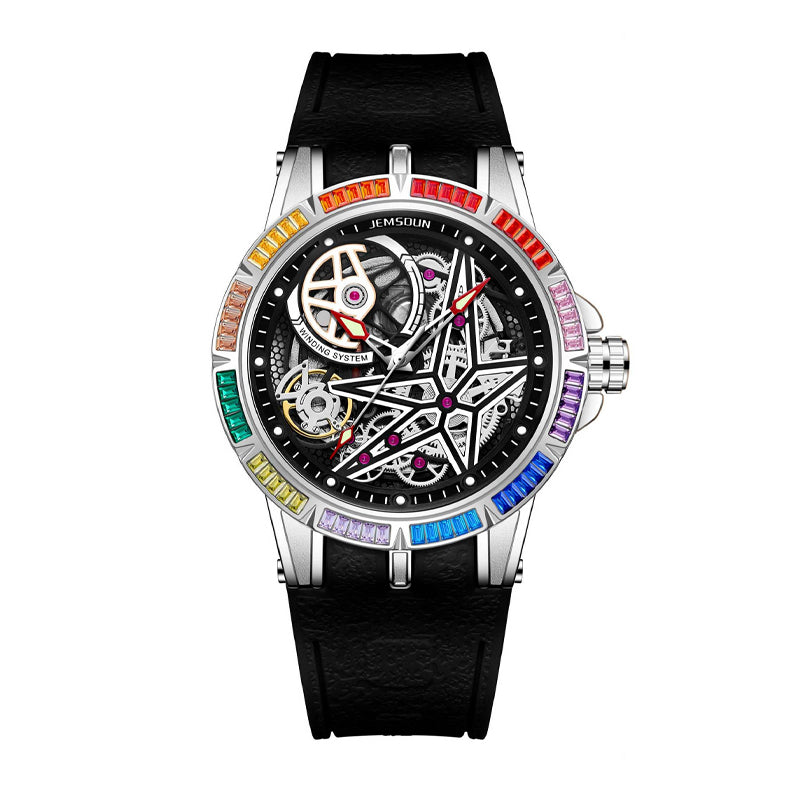 JEMSDUN JSD609 Live Edition Men's High-Street Skeleton Quartz Watch - 46mm Silver Case Rainbow Baguette Crystal Bezel Star Skeleton Dial Silicone Strap Wristwatch