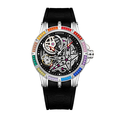 JEMSDUN JSD609 Live Edition Men's High-Street Skeleton Quartz Watch - 46mm Silver Case Rainbow Baguette Crystal Bezel Star Skeleton Dial Silicone Strap Wristwatch
