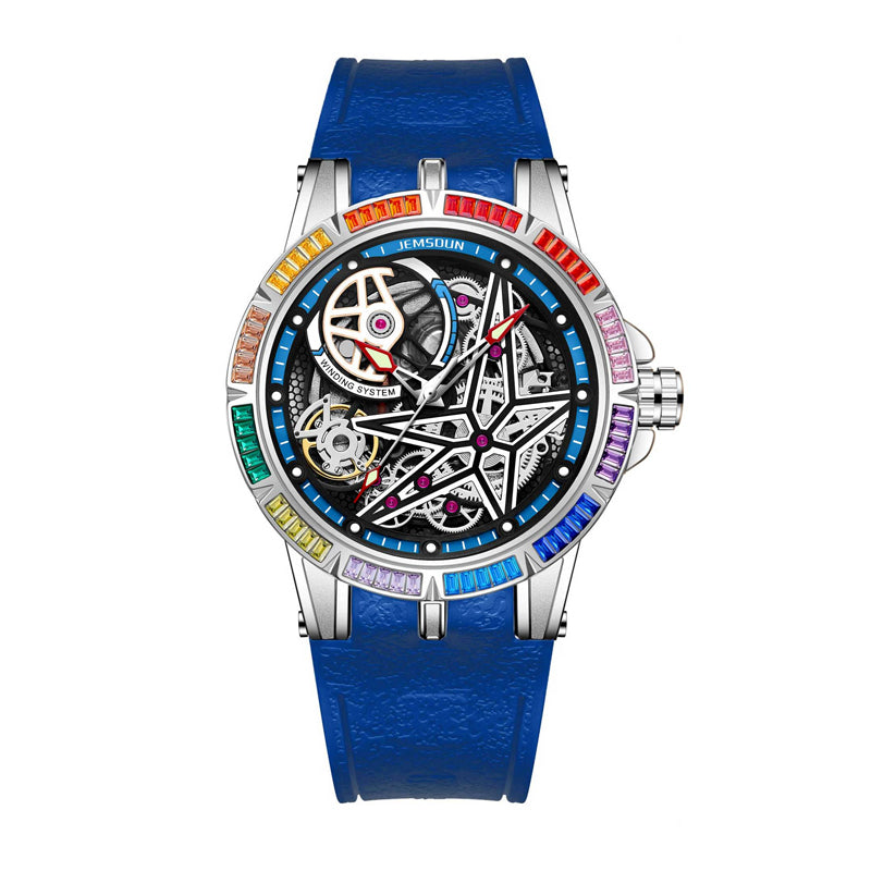 JEMSDUN JSD609 Live Edition Men's High-Street Skeleton Quartz Watch - 46mm Silver Case Rainbow Baguette Crystal Bezel Star Skeleton Dial Silicone Strap Wristwatch