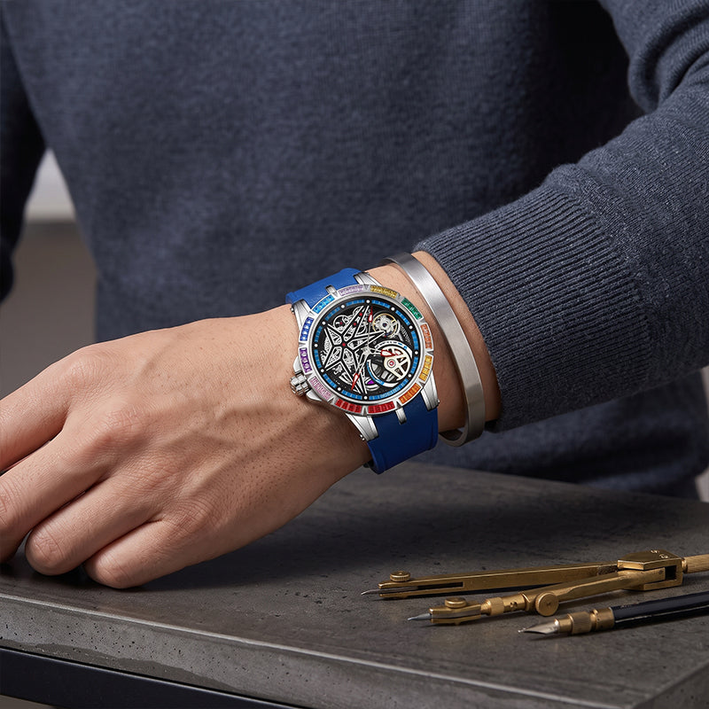JEMSDUN JSD609 Live Edition Men's High-Street Skeleton Quartz Watch - 46mm Silver Case Rainbow Baguette Crystal Bezel Star Skeleton Dial Silicone Strap Wristwatch