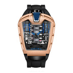 JEMSDUN JSD724 Live Edition Men's Futuristic Racing Engine Quartz Watch - 50x43mm Rose Gold Case V8 Engine Cylinder Dial Bullhead Crown Silicone Strap Wristwatch