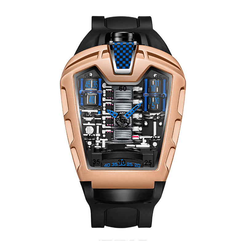 JEMSDUN JSD724 Live Edition Men's Futuristic Racing Engine Quartz Watch - 50x43mm Rose Gold Case V8 Engine Cylinder Dial Bullhead Crown Silicone Strap Wristwatch