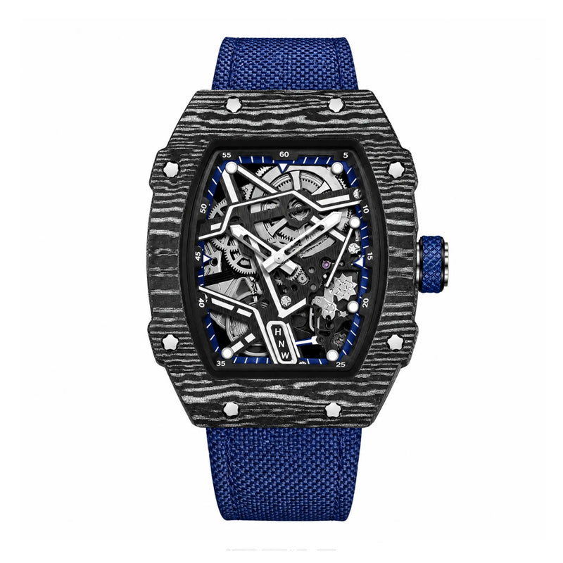 JEMSDUN JSD915 Live Edition Unisex High-Street Tonneau Quartz Watch - 38x48mm Carbon Pattern Case Mechanical Skeleton Dial Hook-and-Loop Nylon Strap Wristwatch