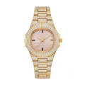 KDW KDW1515 Live Edition Men's Fully Iced Out Quartz Watch - 43mm Gold IPB Case Pink Diamond Dial 3H Date Window Metal Band Wristwatch