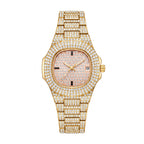 KDW KDW1515 Live Edition Men's Fully Iced Out Quartz Watch - 43mm Gold IPB Case Pink Diamond Dial 3H Date Window Metal Band Wristwatch
