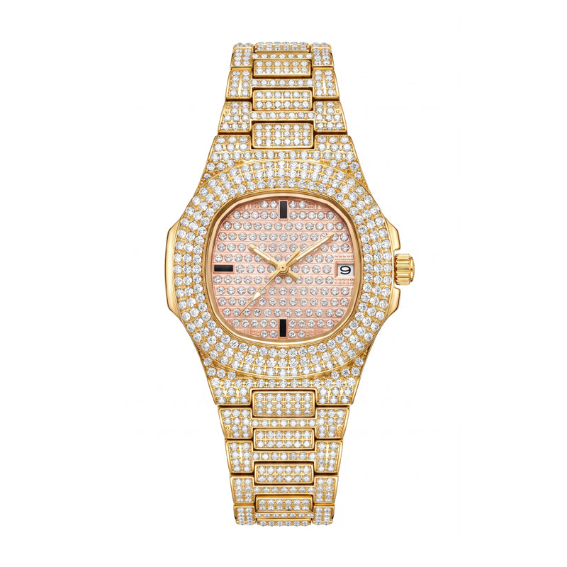 KDW KDW1515 Live Edition Men's Fully Iced Out Quartz Watch - 43mm Gold IPB Case Pink Diamond Dial 3H Date Window Metal Band Wristwatch