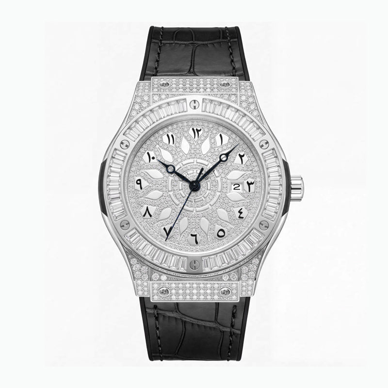 KDW KDW2369 Live Edition Men's Iced Out Eastern Arabic Quartz Watch - 42mm Case Baguette Bezel Pave Dial 3H Date Silicone Strap Wristwatch