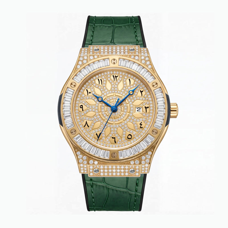 KDW KDW2369 Live Edition Men's Iced Out Eastern Arabic Quartz Watch - 42mm Case Baguette Bezel Pave Dial 3H Date Silicone Strap Wristwatch