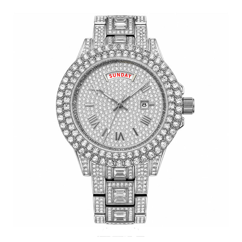 KDW KDW2386 Live Edition Men's Luxury Iced-Out Quartz Watch - 43mm Full Crystal Bezel & Bracelet Arc 12H Day 3H Date Roman Numeral Dial Metal Wristwatch