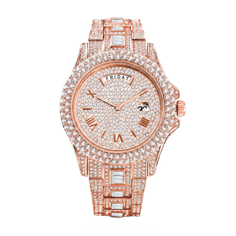 KDW KDW2386 Live Edition Men's Luxury Iced-Out Quartz Watch - 43mm Full Crystal Bezel & Bracelet Arc 12H Day 3H Date Roman Numeral Dial Metal Wristwatch