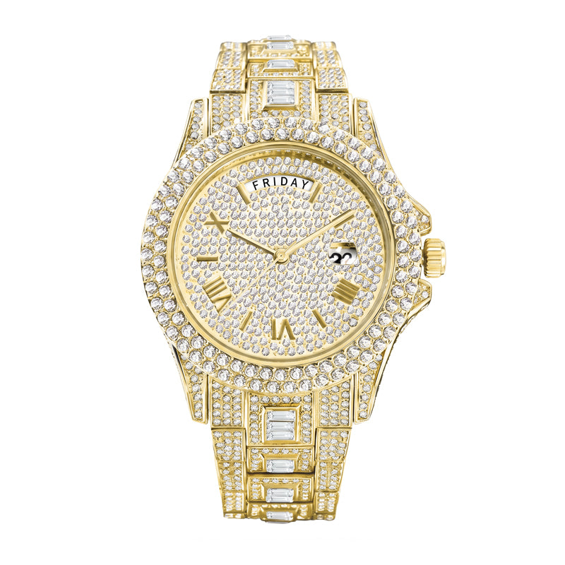 KDW KDW2386 Live Edition Men's Luxury Iced-Out Quartz Watch - 43mm Full Crystal Bezel & Bracelet Arc 12H Day 3H Date Roman Numeral Dial Metal Wristwatch