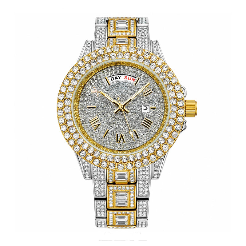 KDW KDW2386 Live Edition Men's Luxury Iced-Out Quartz Watch - 43mm Full Crystal Bezel & Bracelet Arc 12H Day 3H Date Roman Numeral Dial Metal Wristwatch