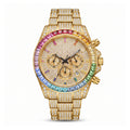 KDW KDW2396 Live Edition Men's Fully Iced Out Rainbow Bezel Quartz Watch - 43mm Case Multi-Function Chronograph Pave Dial 4:30 Date Window Metal Band Wristwatch