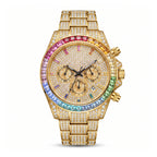 KDW KDW2396 Live Edition Men's Fully Iced Out Rainbow Bezel Quartz Watch - 43mm Case Multi-Function Chronograph Pave Dial 4:30 Date Window Metal Band Wristwatch