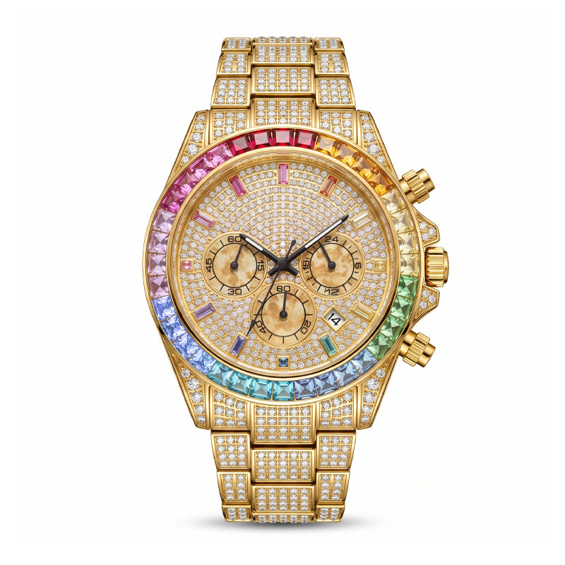 KDW KDW2396 Live Edition Men's Fully Iced Out Rainbow Bezel Quartz Watch - 43mm Case Multi-Function Chronograph Pave Dial 4:30 Date Window Metal Band Wristwatch