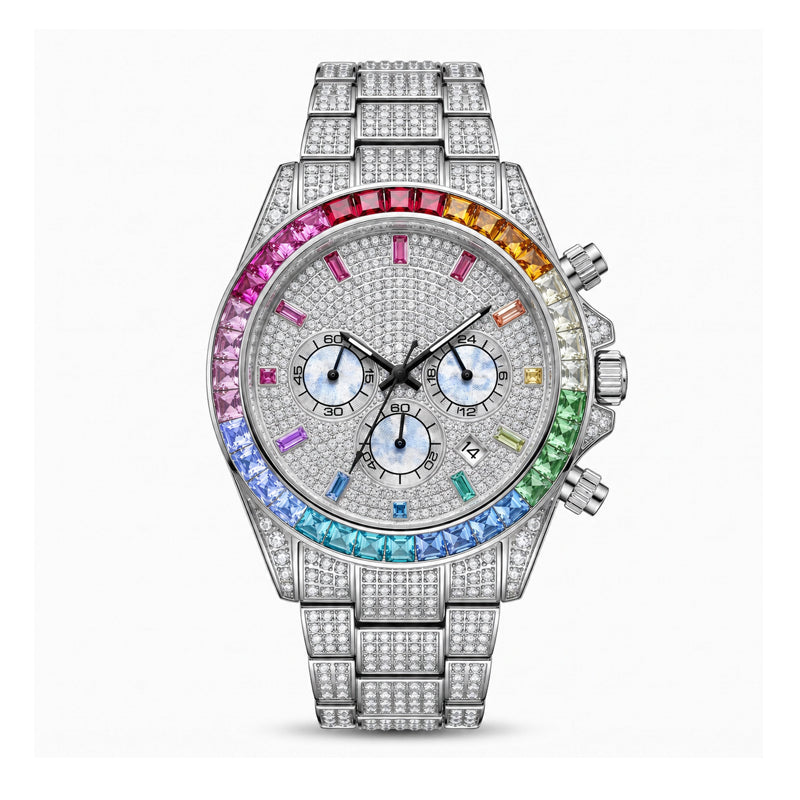 KDW KDW2396 Live Edition Men's Fully Iced Out Rainbow Bezel Quartz Watch - 43mm Case Multi-Function Chronograph Pave Dial 4:30 Date Window Metal Band Wristwatch