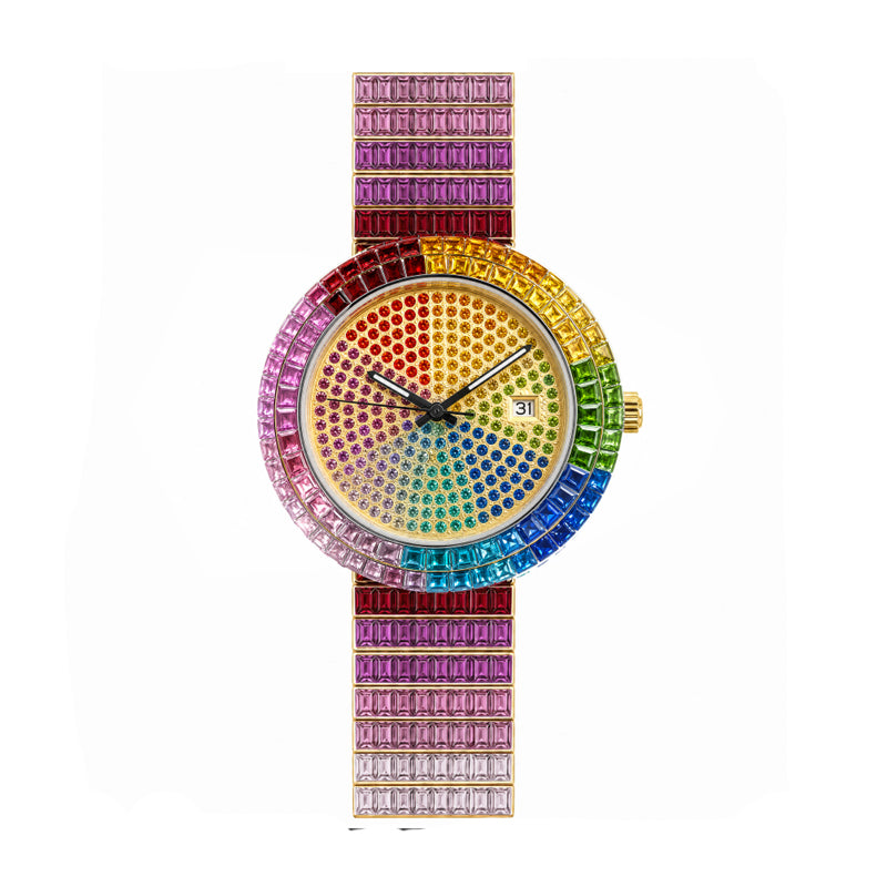 KDW KDW-2401 Quartz Watch - Live Edition Men's & Women's Luxury Iced-Out Full Rainbow Gradient Crystals Encrusted Gold Case Luminous Hands Date Window Stainless Steel Band Hiphop Wristwatch