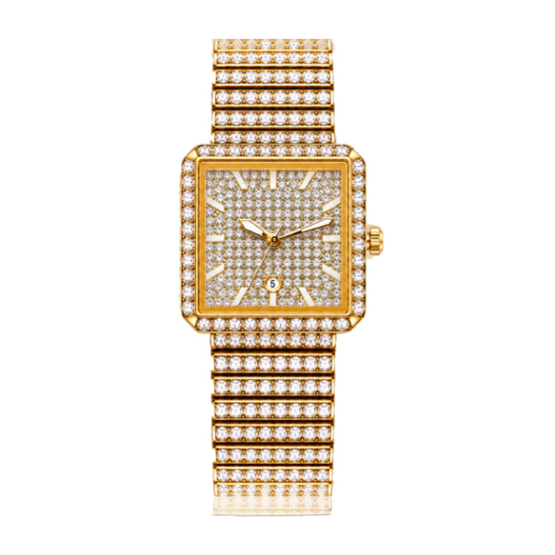 KDW KDW2410 Quartz Watch - Live Edition Luxury Full IPG Gold Crystal Pavé Square Case Iced-Out 20mm Link Bracelet Wristwatch