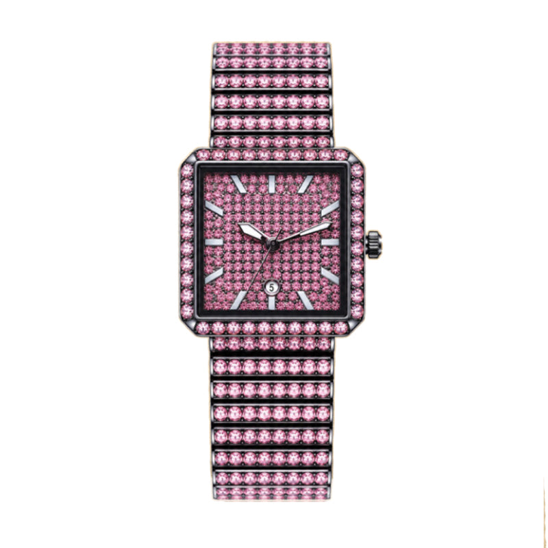 KDW KDW2410 Quartz Watch - Live Edition Luxury Full IPG Gold Crystal Pavé Square Case Iced-Out 20mm Link Bracelet Wristwatch