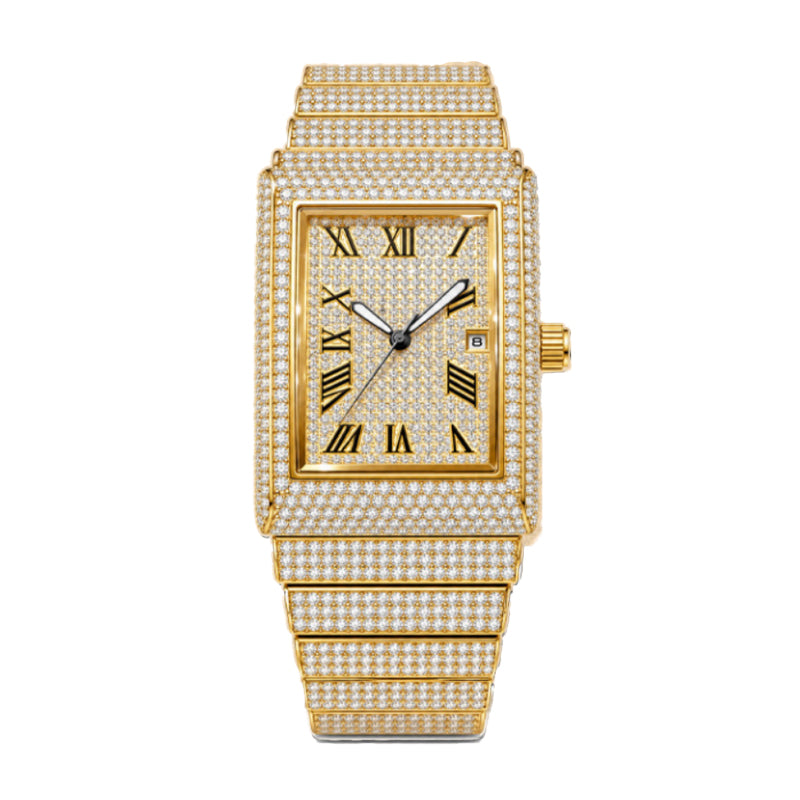 KDW KDW8337G Quartz Watch - Live Edition Men's Luxury Heavy 54mm Full Iced-Out Crystal Pavé Square Case Roman Numeral Day-Date Fully Encrusted Wide Link Bracelet Wristwatch