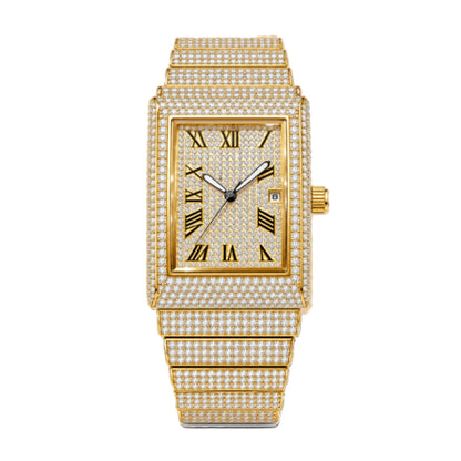KDW KDW8337G Quartz Watch - Live Edition Men's Luxury Heavy 54mm Full Iced-Out Crystal Pavé Square Case Roman Numeral Day-Date Fully Encrusted Wide Link Bracelet Wristwatch