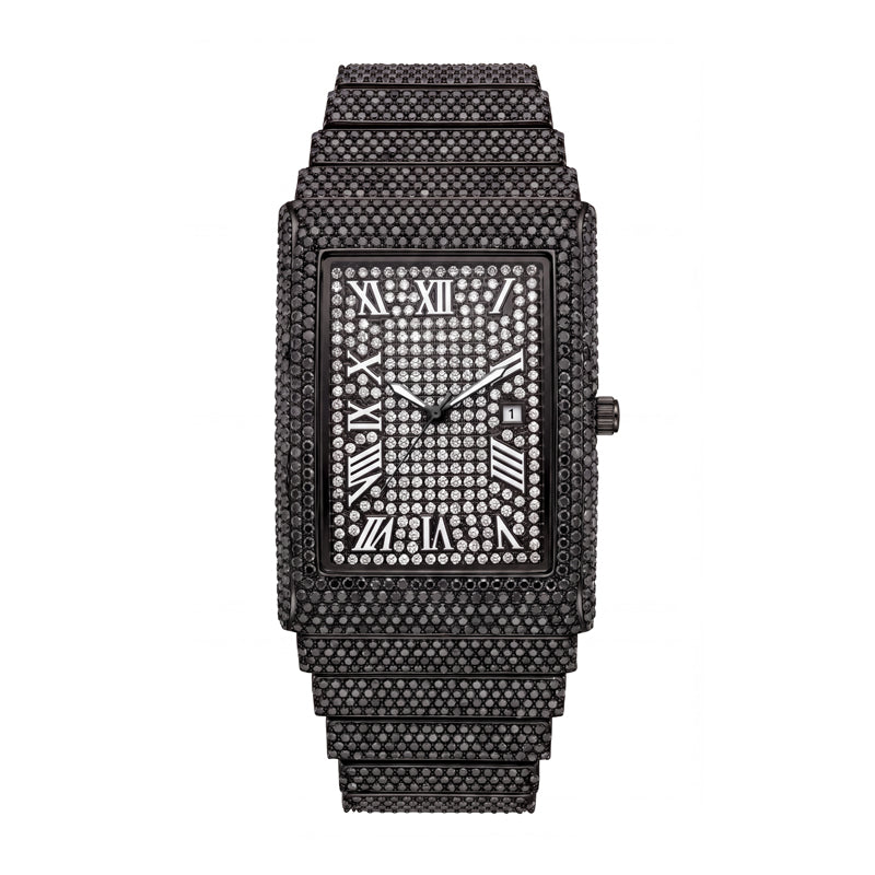 KDW KDW8337G Quartz Watch - Live Edition Men's Luxury Heavy 54mm Full Iced-Out Crystal Pavé Square Case Roman Numeral Day-Date Fully Encrusted Wide Link Bracelet Wristwatch