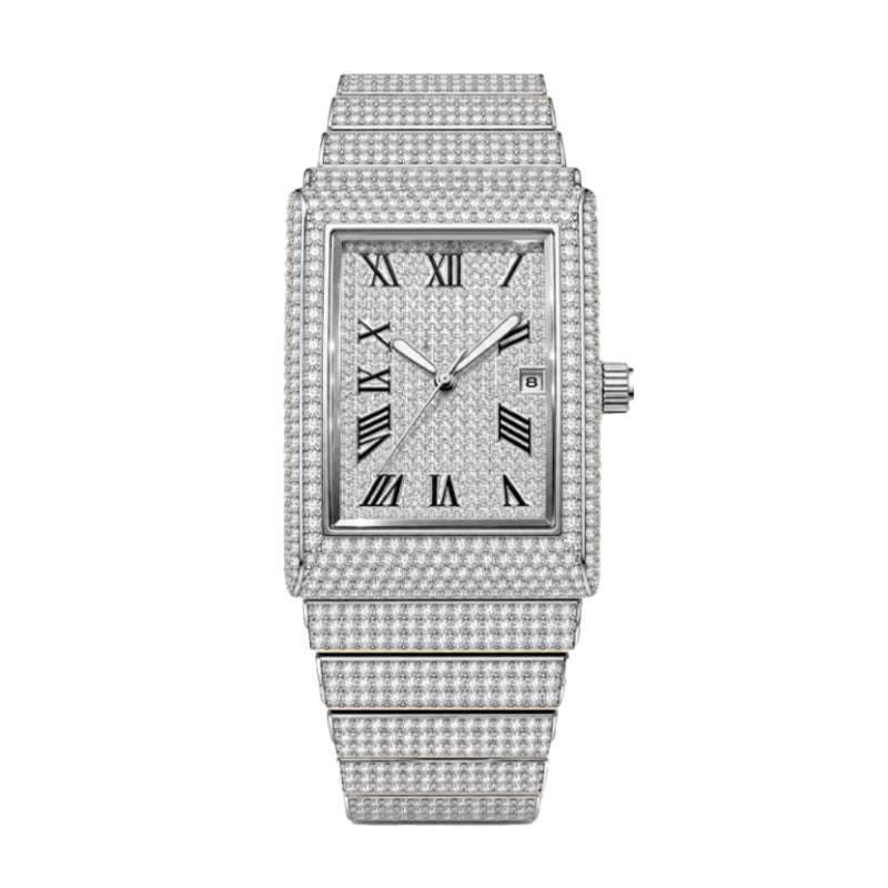 KDW KDW8337G Quartz Watch - Live Edition Men's Luxury Heavy 54mm Full Iced-Out Crystal Pavé Square Case Roman Numeral Day-Date Fully Encrusted Wide Link Bracelet Wristwatch