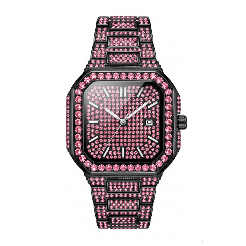 KDW KDW8801 Live Edition Men's Fully Iced Out Octagonal Quartz Watch - 42x46mm Black IPB Case Colored Diamond Dial 3H Date Window Metal Band Wristwatch