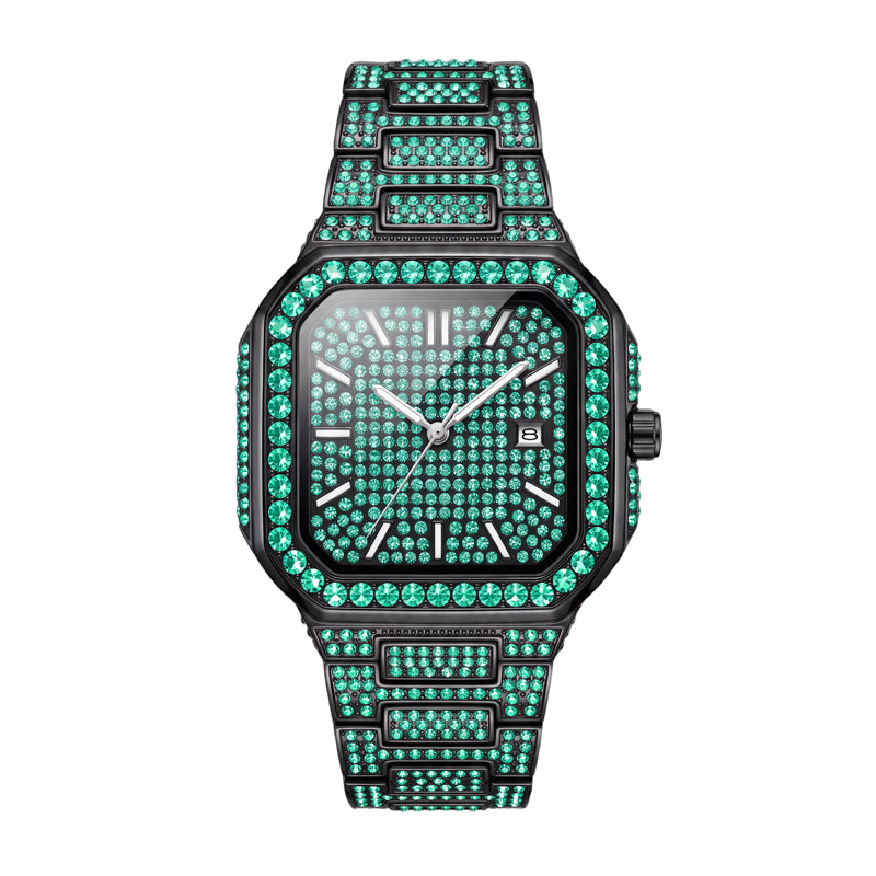 KDW KDW8801 Live Edition Men's Fully Iced Out Octagonal Quartz Watch - 42x46mm Black IPB Case Colored Diamond Dial 3H Date Window Metal Band Wristwatch