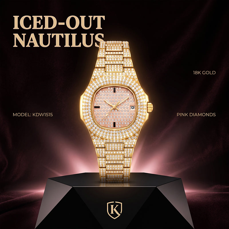 KDW KDW1515 Live Edition Men's Fully Iced Out Quartz Watch - 43mm Gold IPB Case Pink Diamond Dial 3H Date Window Metal Band Wristwatch