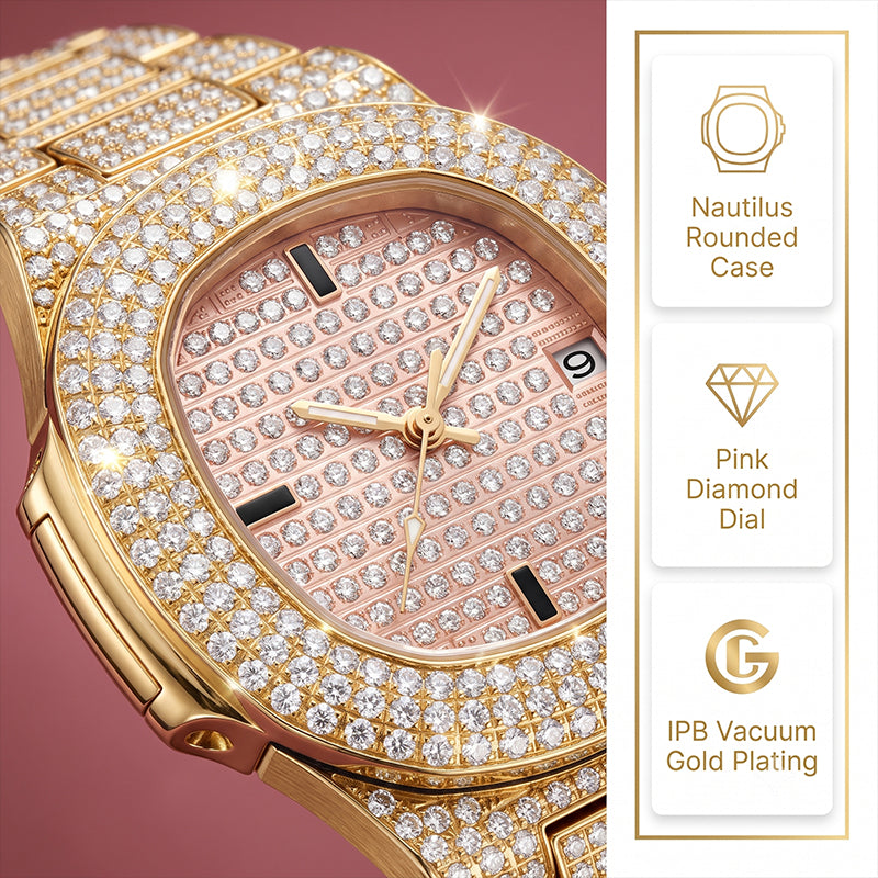 KDW KDW1515 Live Edition Men's Fully Iced Out Quartz Watch - 43mm Gold IPB Case Pink Diamond Dial 3H Date Window Metal Band Wristwatch
