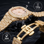 KDW KDW1515 Live Edition Men's Fully Iced Out Quartz Watch - 43mm Gold IPB Case Pink Diamond Dial 3H Date Window Metal Band Wristwatch