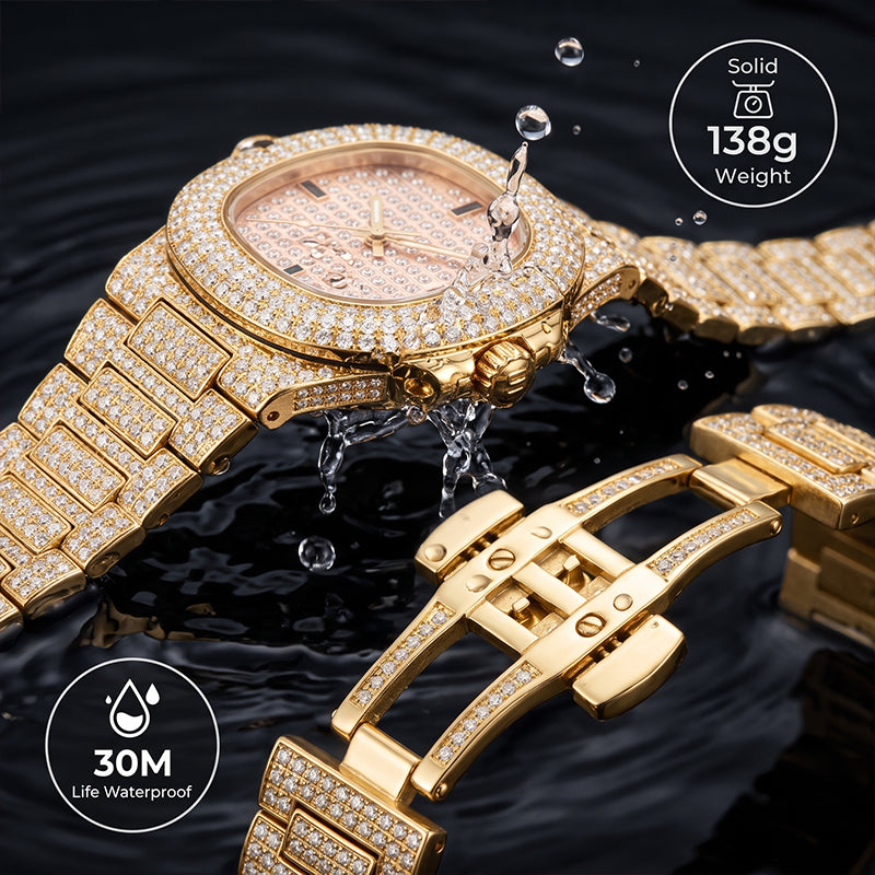 KDW KDW1515 Live Edition Men's Fully Iced Out Quartz Watch - 43mm Gold IPB Case Pink Diamond Dial 3H Date Window Metal Band Wristwatch
