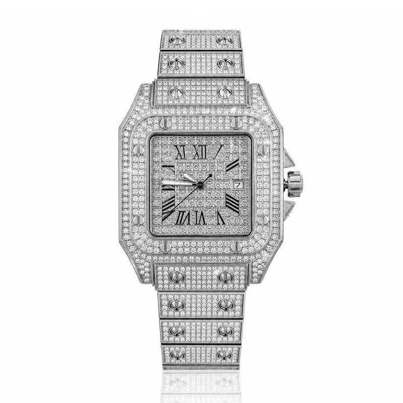 KDW KDW1872 Live Edition Men's Square Iced-Out Santos Quartz Watch - 40x52mm Full Crystal Case Roman Numeral Dial 3H Date Metal Band Wristwatch