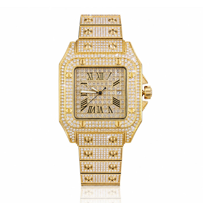 KDW KDW1872 Live Edition Men's Square Iced-Out Santos Quartz Watch - 40x52mm Full Crystal Case Roman Numeral Dial 3H Date Metal Band Wristwatch