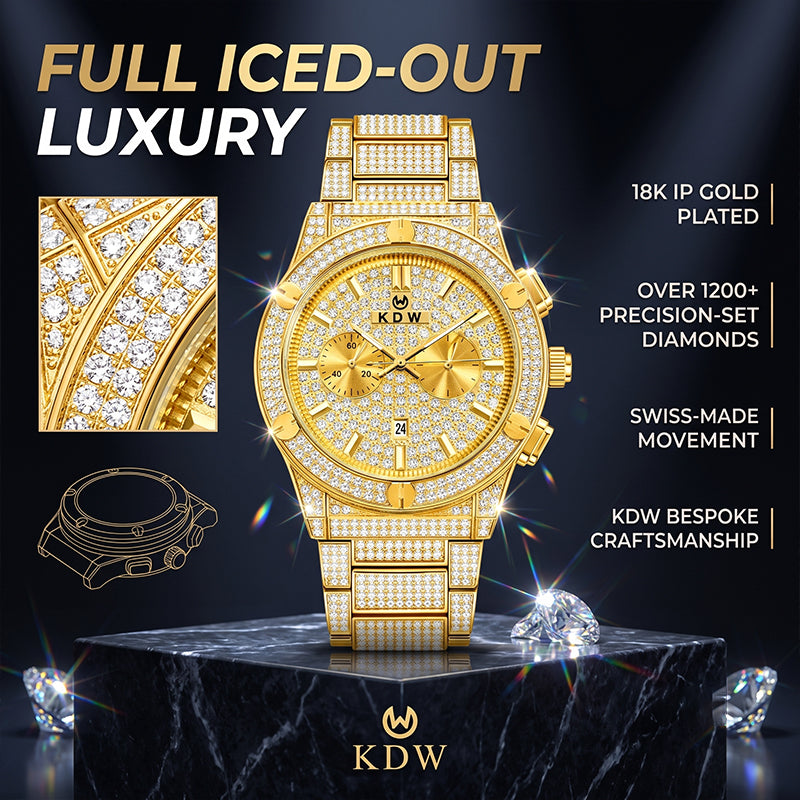 KDW KDW1972 Live Edition Men's Iced-Out Hip-Hop Quartz Watch - 43mm Full Crystal Bezel & Bracelet Multi-Subdial Date Metal Wristwatch