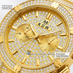 KDW KDW1972 Live Edition Men's Iced-Out Hip-Hop Quartz Watch - 43mm Full Crystal Bezel & Bracelet Multi-Subdial Date Metal Wristwatch