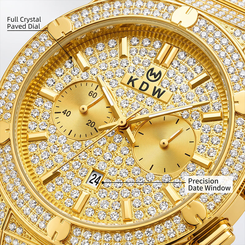 KDW KDW1972 Live Edition Men's Iced-Out Hip-Hop Quartz Watch - 43mm Full Crystal Bezel & Bracelet Multi-Subdial Date Metal Wristwatch