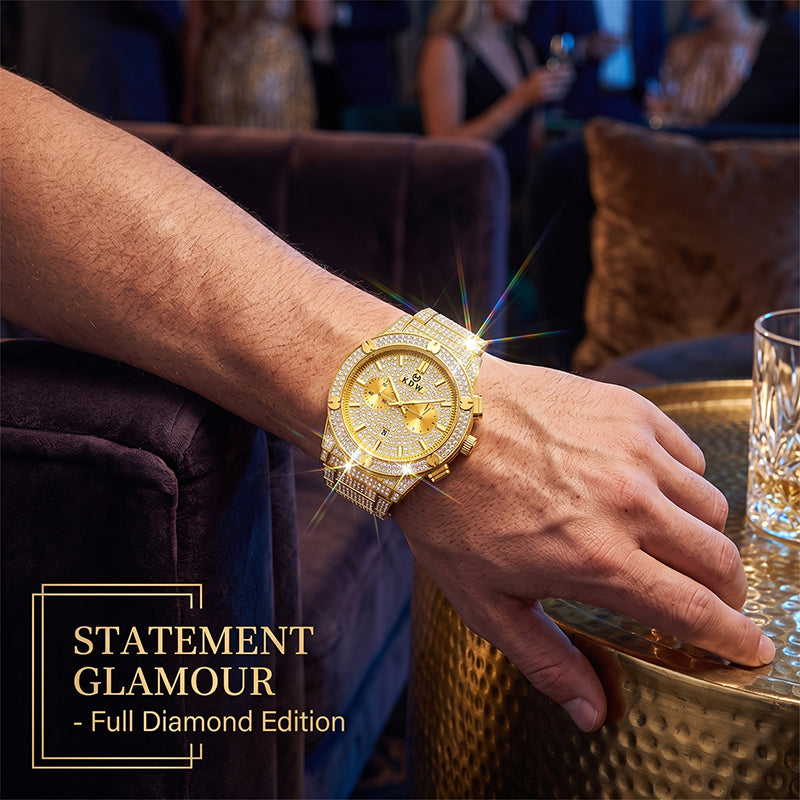 KDW KDW1972 Live Edition Men's Iced-Out Hip-Hop Quartz Watch - 43mm Full Crystal Bezel & Bracelet Multi-Subdial Date Metal Wristwatch
