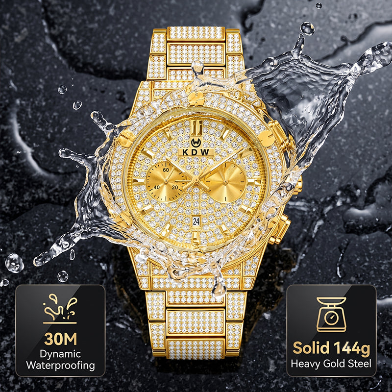 KDW KDW1972 Live Edition Men's Iced-Out Hip-Hop Quartz Watch - 43mm Full Crystal Bezel & Bracelet Multi-Subdial Date Metal Wristwatch