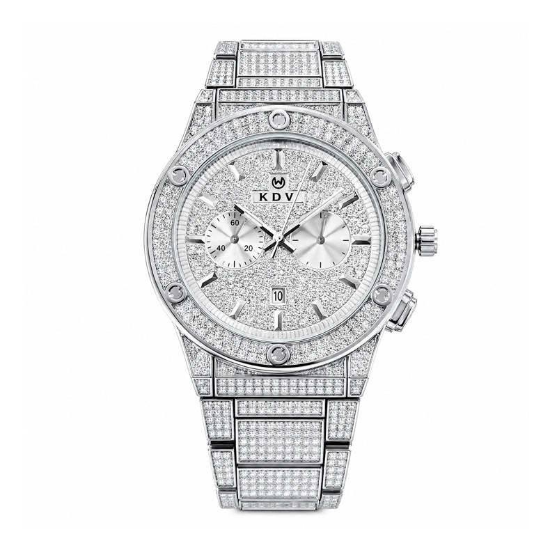 KDW KDW1972 Live Edition Men's Iced-Out Hip-Hop Quartz Watch - 43mm Full Crystal Bezel & Bracelet Multi-Subdial Date Metal Wristwatch
