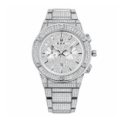 KDW KDW1972 Live Edition Men's Iced-Out Hip-Hop Quartz Watch - 43mm Full Crystal Bezel & Bracelet Multi-Subdial Date Metal Wristwatch