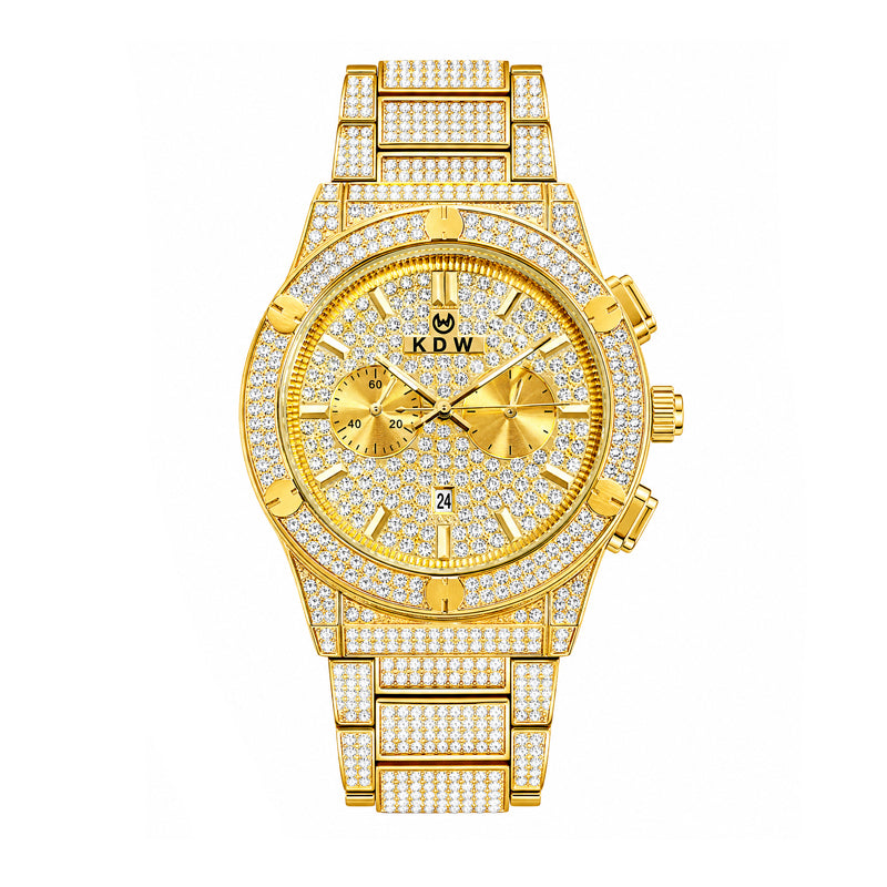KDW KDW1972 Live Edition Men's Iced-Out Hip-Hop Quartz Watch - 43mm Full Crystal Bezel & Bracelet Multi-Subdial Date Metal Wristwatch