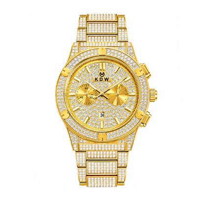 KDW KDW1972 Live Edition Men's Iced-Out Hip-Hop Quartz Watch - 43mm Full Crystal Bezel & Bracelet Multi-Subdial Date Metal Wristwatch