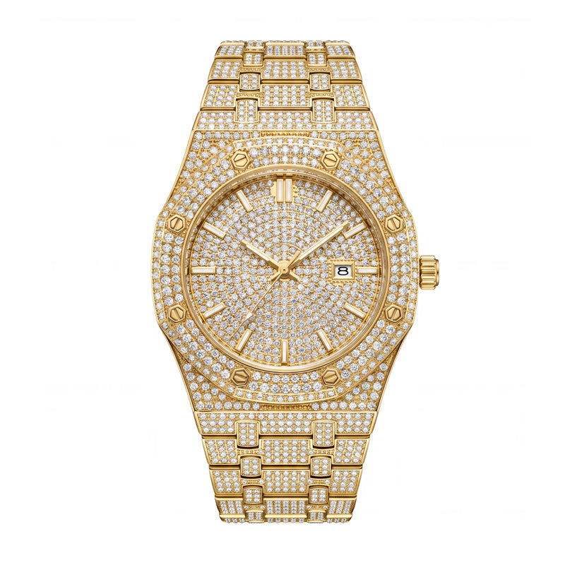 KDW KDW2148 Live Edition Men's Luxury Iced-Out Diamond Quartz Watch - 44mm Octagonal Bezel 3ATM Waterproof 3 O'Clock Date Full Pave Stainless Steel Link Bracelet Wristwatch