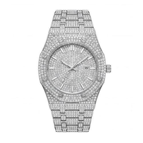 KDW KDW2148 Live Edition Men's Luxury Iced-Out Diamond Quartz Watch - 44mm Octagonal Bezel 3ATM Waterproof 3 O'Clock Date Full Pave Stainless Steel Link Bracelet Wristwatch