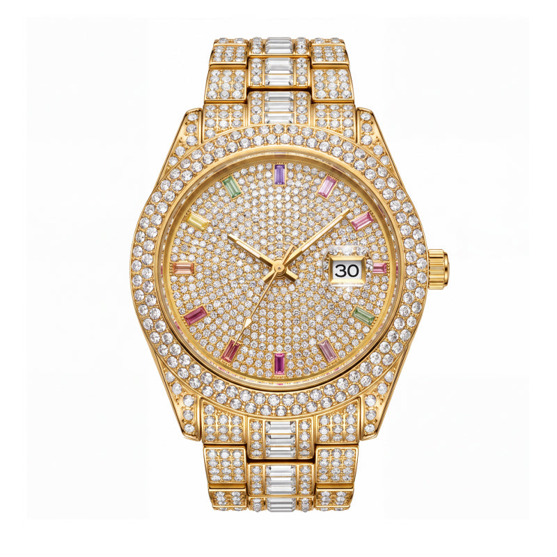 KDW KDW2316 Live Edition Men's Luxury Iced-Out Diamond Quartz Watch - 43mm Rainbow Indices 3ATM Waterproof Cyclops Date Full Pave Stainless Steel Link Bracelet Wristwatch