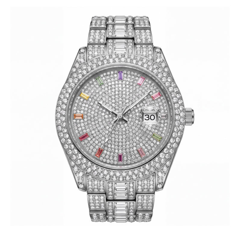 KDW KDW2316 Live Edition Men's Luxury Iced-Out Diamond Quartz Watch - 43mm Rainbow Indices 3ATM Waterproof Cyclops Date Full Pave Stainless Steel Link Bracelet Wristwatch